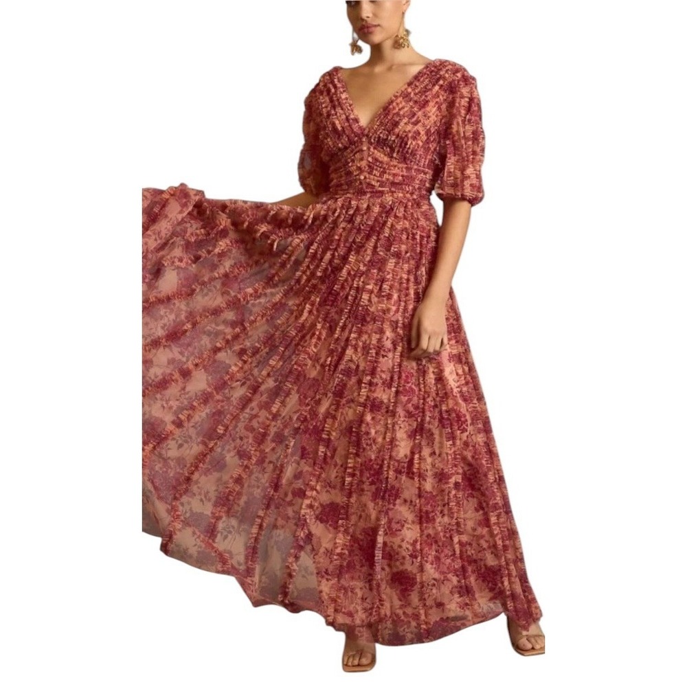 Mac Duggal A8013 Beige Multi Floral Ruffle Mesh Maxi Dress Size 6 $498